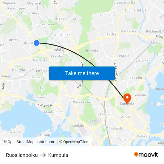 Ruosilanpolku to Kumpula map
