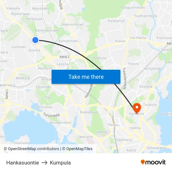 Hankasuontie to Kumpula map