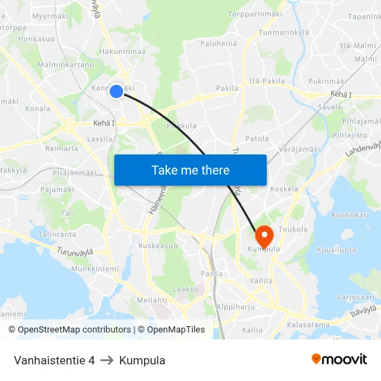 Vanhainen Road 4 to Kumpula map