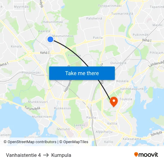 Vanhainen Road 4 to Kumpula map
