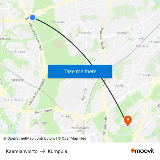 Kaarelanvierto to Kumpula map