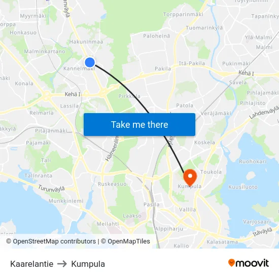 Kaarelantie to Kumpula map