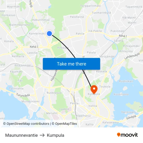 Maununnevantie to Kumpula map
