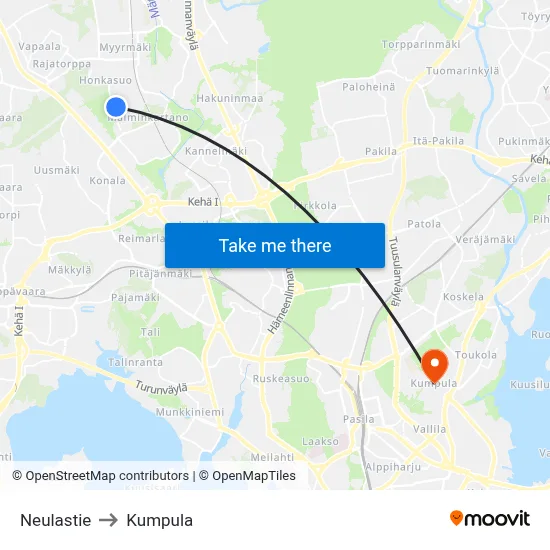 Neulastie to Kumpula map