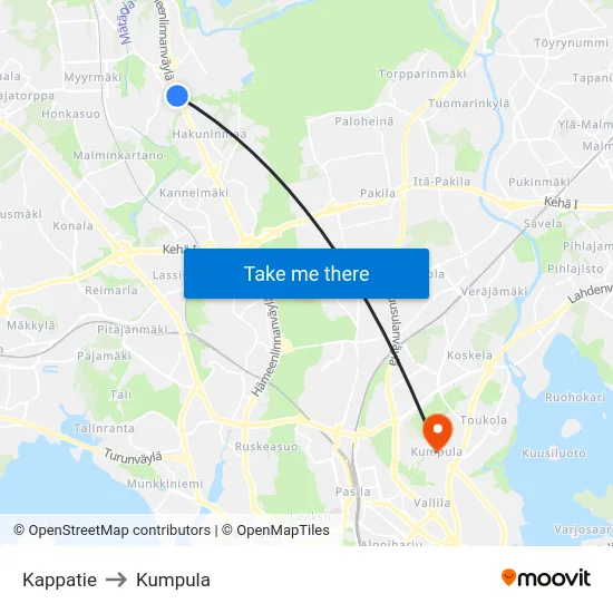 Kappatie to Kumpula map