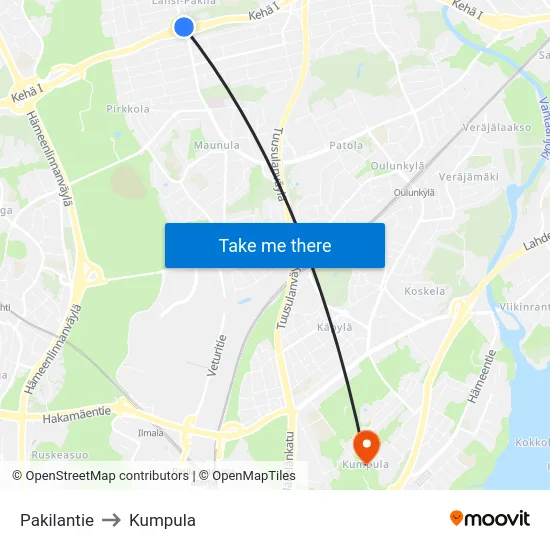 Pakilantie to Kumpula map