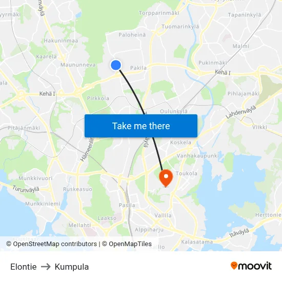 Elontie Road to Kumpula map