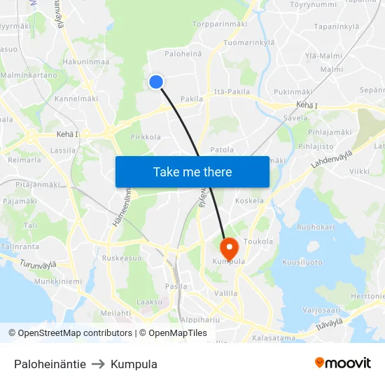 Paloheinäntie to Kumpula map