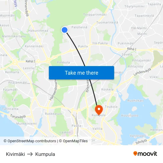 Kivimäki to Kumpula map
