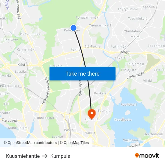 Kuusmiehentie to Kumpula map