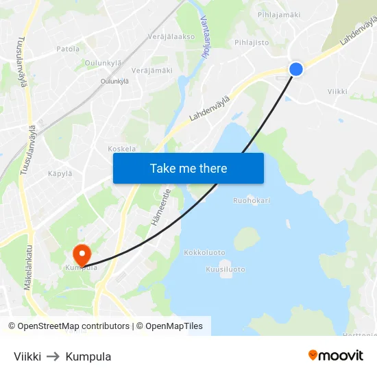 Viikki to Kumpula map