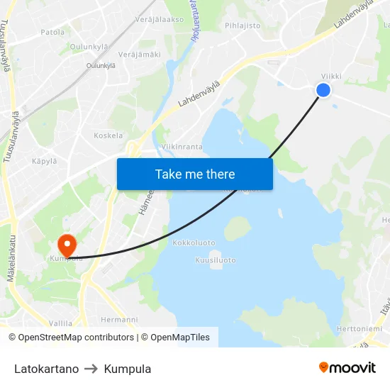 Latokartano to Kumpula map