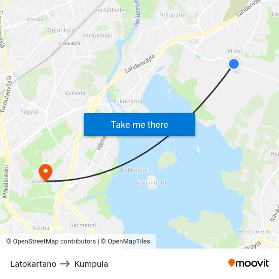 Latokartano to Kumpula map