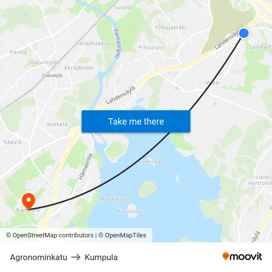 Agronominkatu to Kumpula map