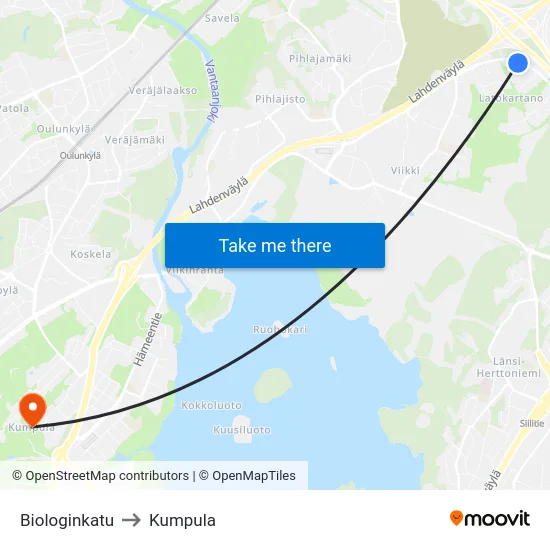 Biologinkatu to Kumpula map