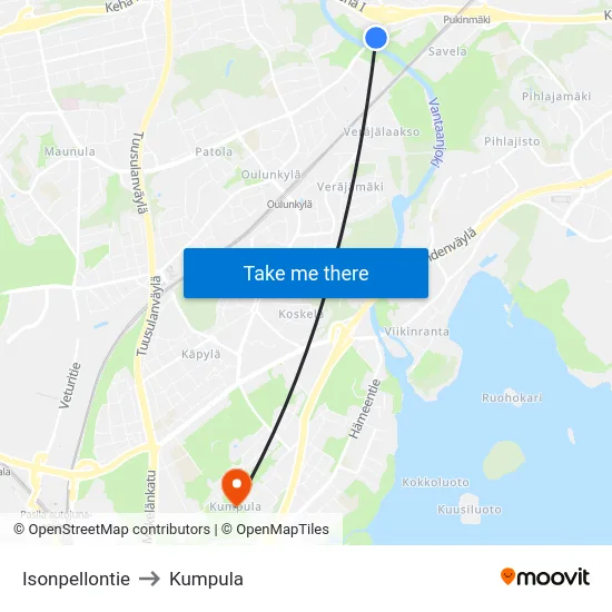 Isonpellontie to Kumpula map