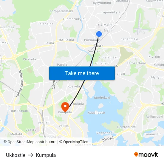 Ukkostie to Kumpula map