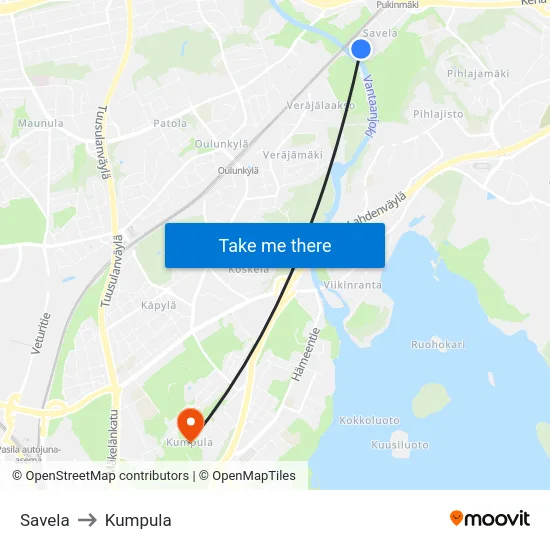 Savela to Kumpula map