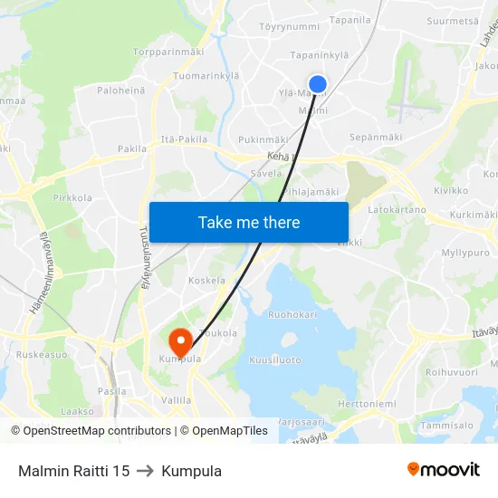 Malmin Raitti 15 to Kumpula map