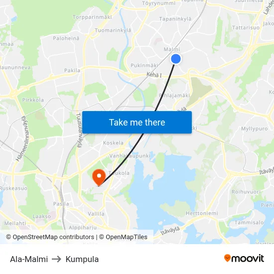 Lower Malmi to Kumpula map