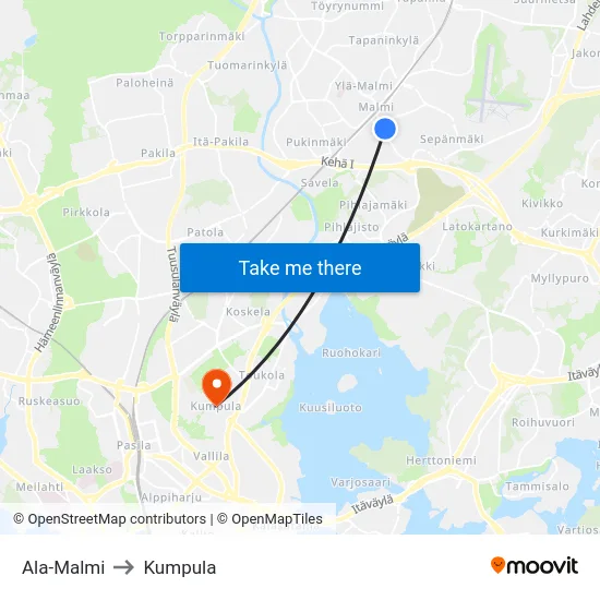 Ala-Malmi to Kumpula map