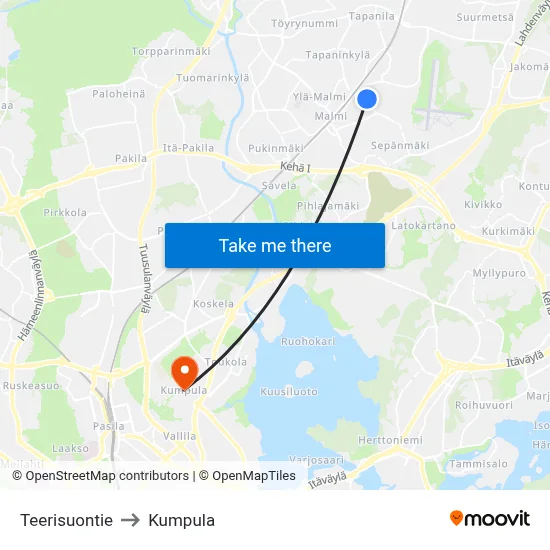 Teerisuontie to Kumpula map