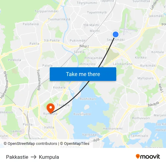 Pakkastie Road to Kumpula map