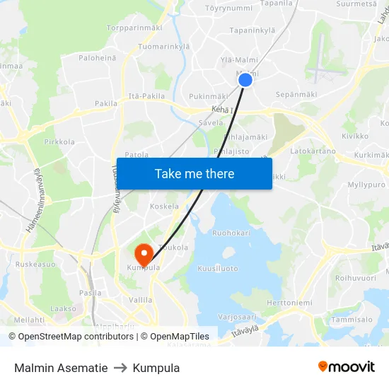 Malmin Asematie to Kumpula map