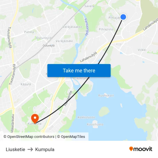 Liusketie to Kumpula map