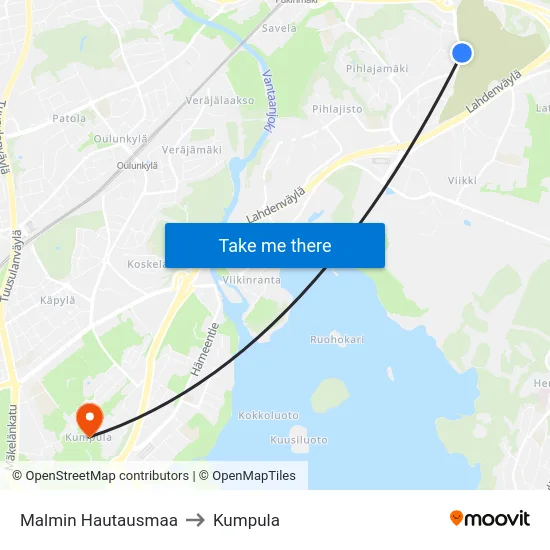 Malmin Hautausmaa to Kumpula map
