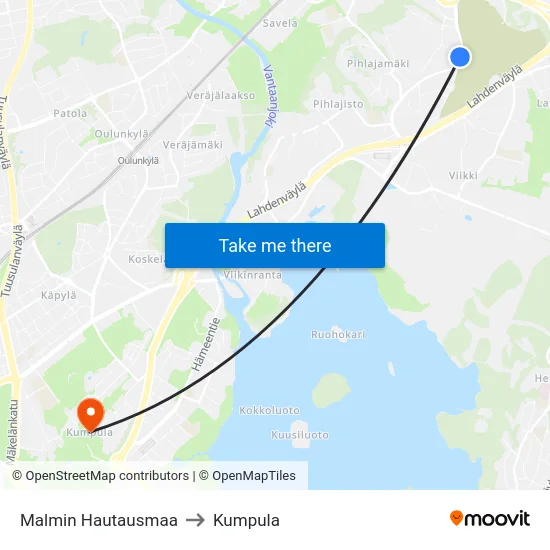 Malmin Hautausmaa to Kumpula map