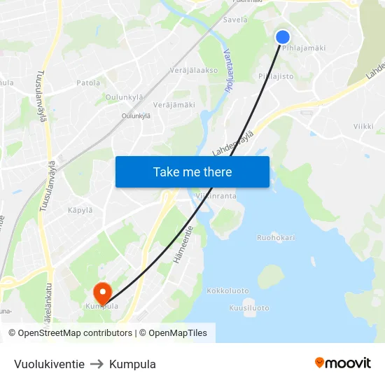Vuolukiventie to Kumpula map