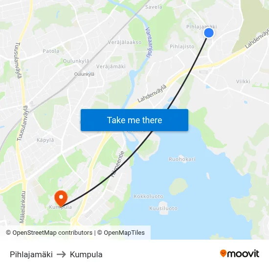 Pihlajamäki to Kumpula map