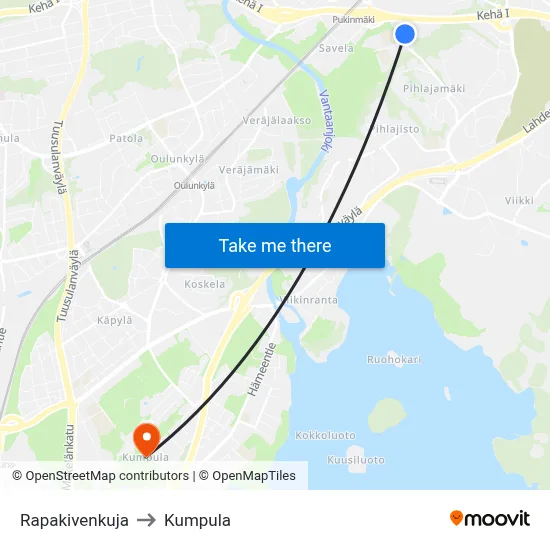 Rapakivenkuja to Kumpula map