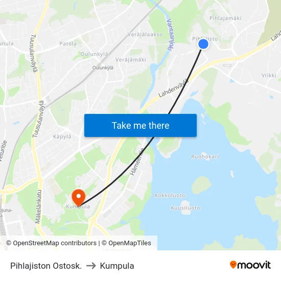 Pihlajiston Ostosk. to Kumpula map