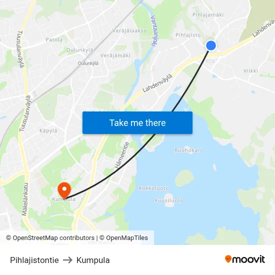 Pihlajistontie to Kumpula map