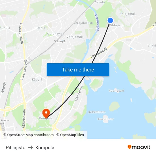 Pihlajisto to Kumpula map