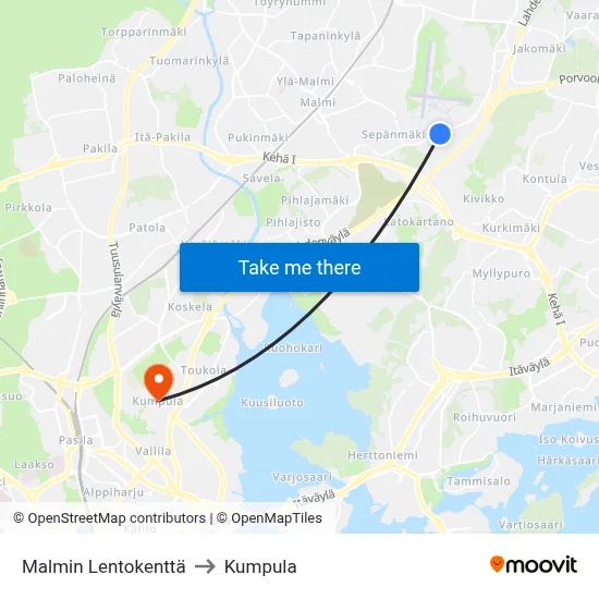 Malmi Airport to Kumpula map