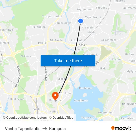 Vanha Tapanilantie to Kumpula map