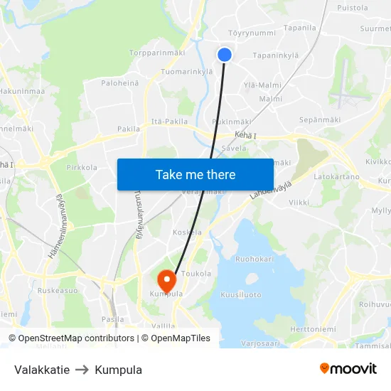 Valakka Road to Kumpula map