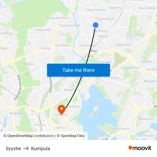Syystie to Kumpula map