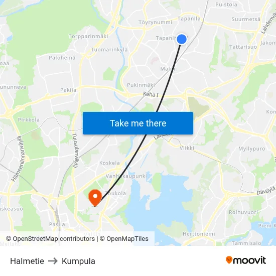 Halmetie Road to Kumpula map