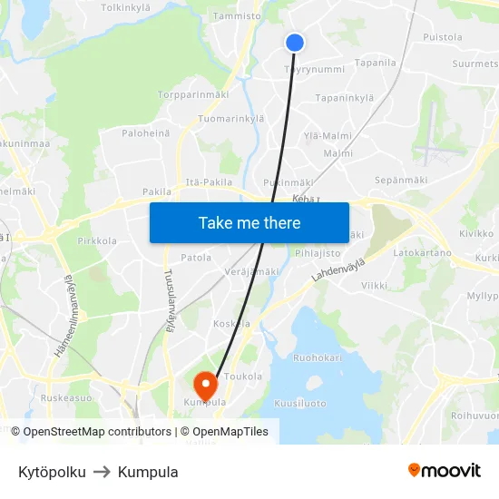 Kytöpolku to Kumpula map