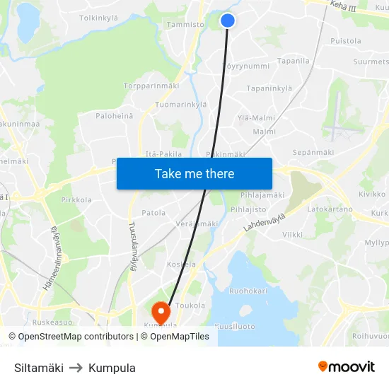 Siltamäki to Kumpula map