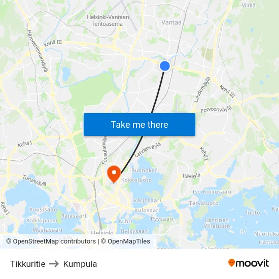 Tikkuritie to Kumpula map