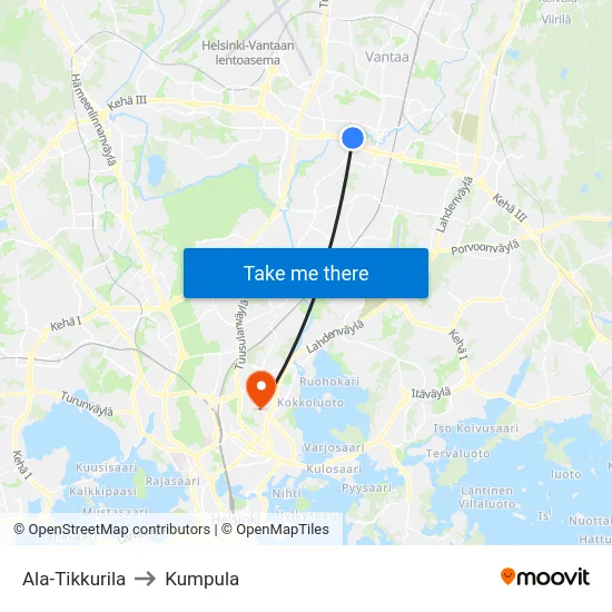 Ala-Tikkurila to Kumpula map
