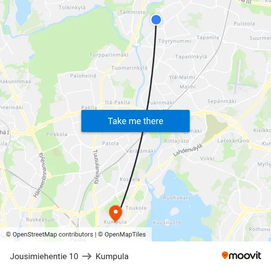 10 Jousimiehentie to Kumpula map