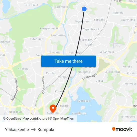 Upper Kaski Road to Kumpula map