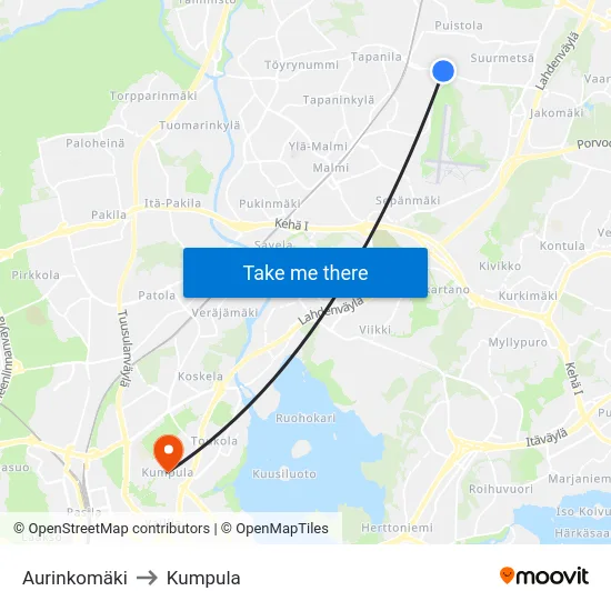 Aurinkomäki to Kumpula map