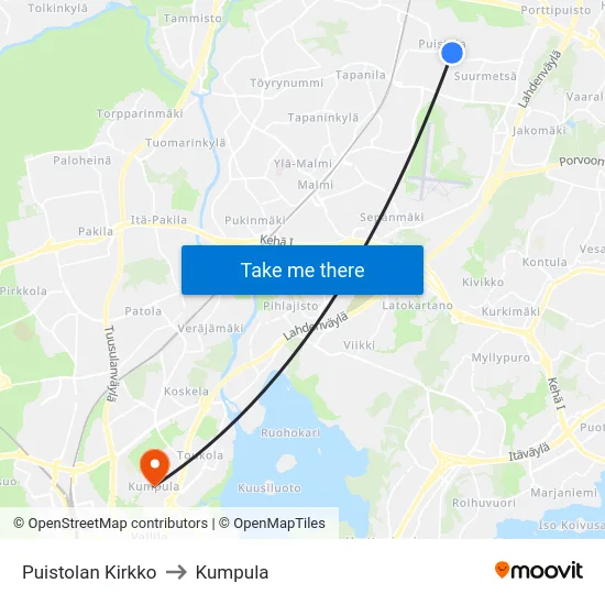 Puistolan Kirkko to Kumpula map